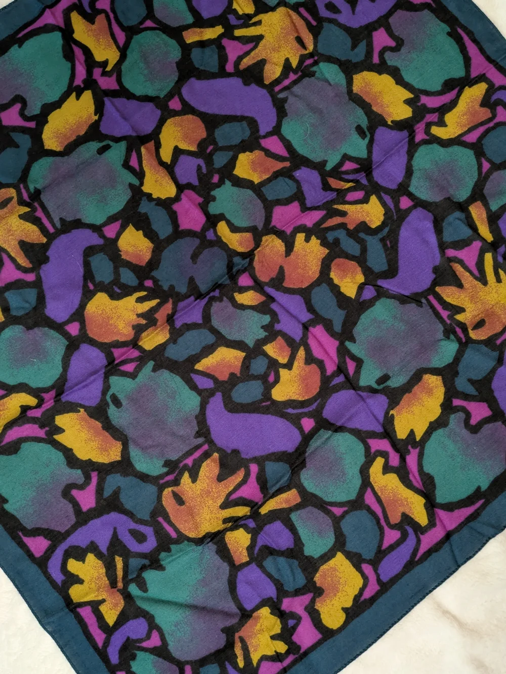 Abstract Leaf Print Silk Scarf - Teal, Purple, Mustard